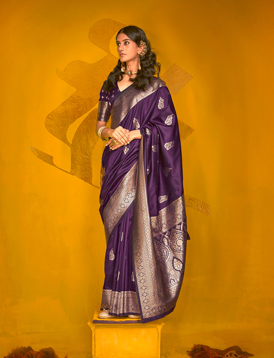 Monjolika Fashion Charming Dark Purple Color Silk Saree With Fine Zari Weave | Grocsy