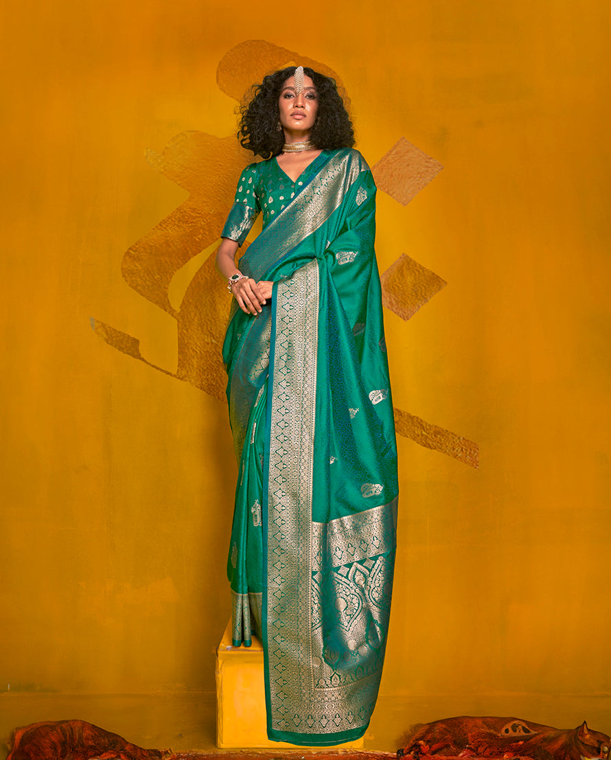 Monjolika Fashion Charming Turquoise Color Silk Saree With Fine Zari Weave | Grocsy