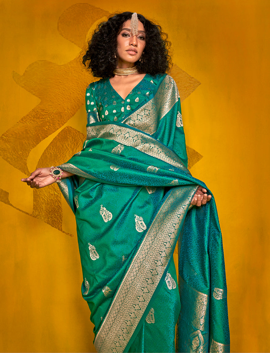 Monjolika Fashion Charming Turquoise Color Silk Saree With Fine Zari Weave | Grocsy