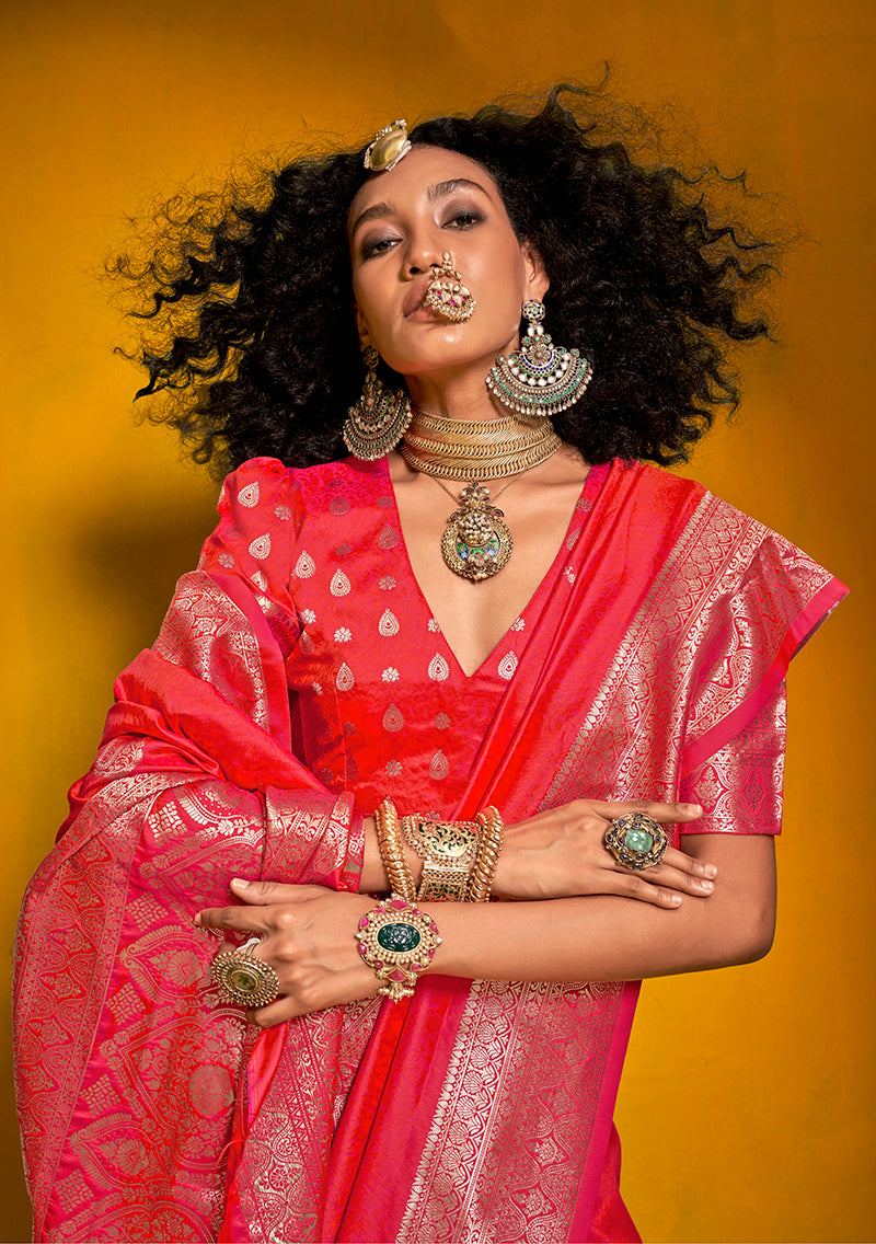 Monjolika Fashion Charming Bright Red Color Silk Saree With Fine Zari Weave | Grocsy
