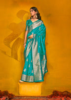 Monjolika Fashion Charming Cyan Color Silk Saree With Fine Zari Weave | Grocsy
