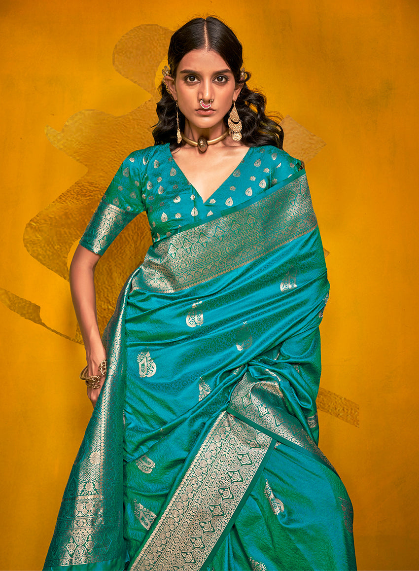Monjolika Fashion Charming Cyan Color Silk Saree With Fine Zari Weave | Grocsy
