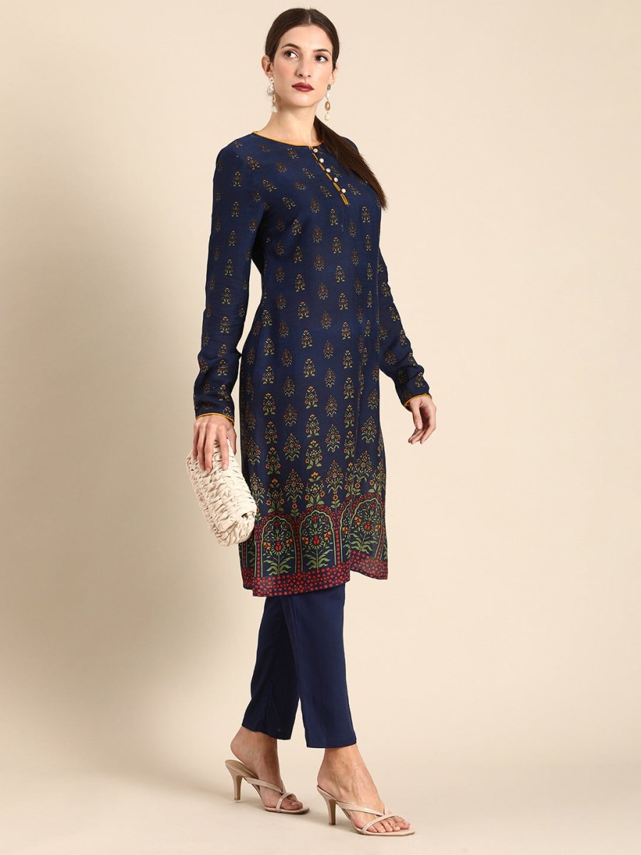 All About You Women Navy Blue Floral Printed Regular Long Sleeves Kurta with Trousers | Grocsy