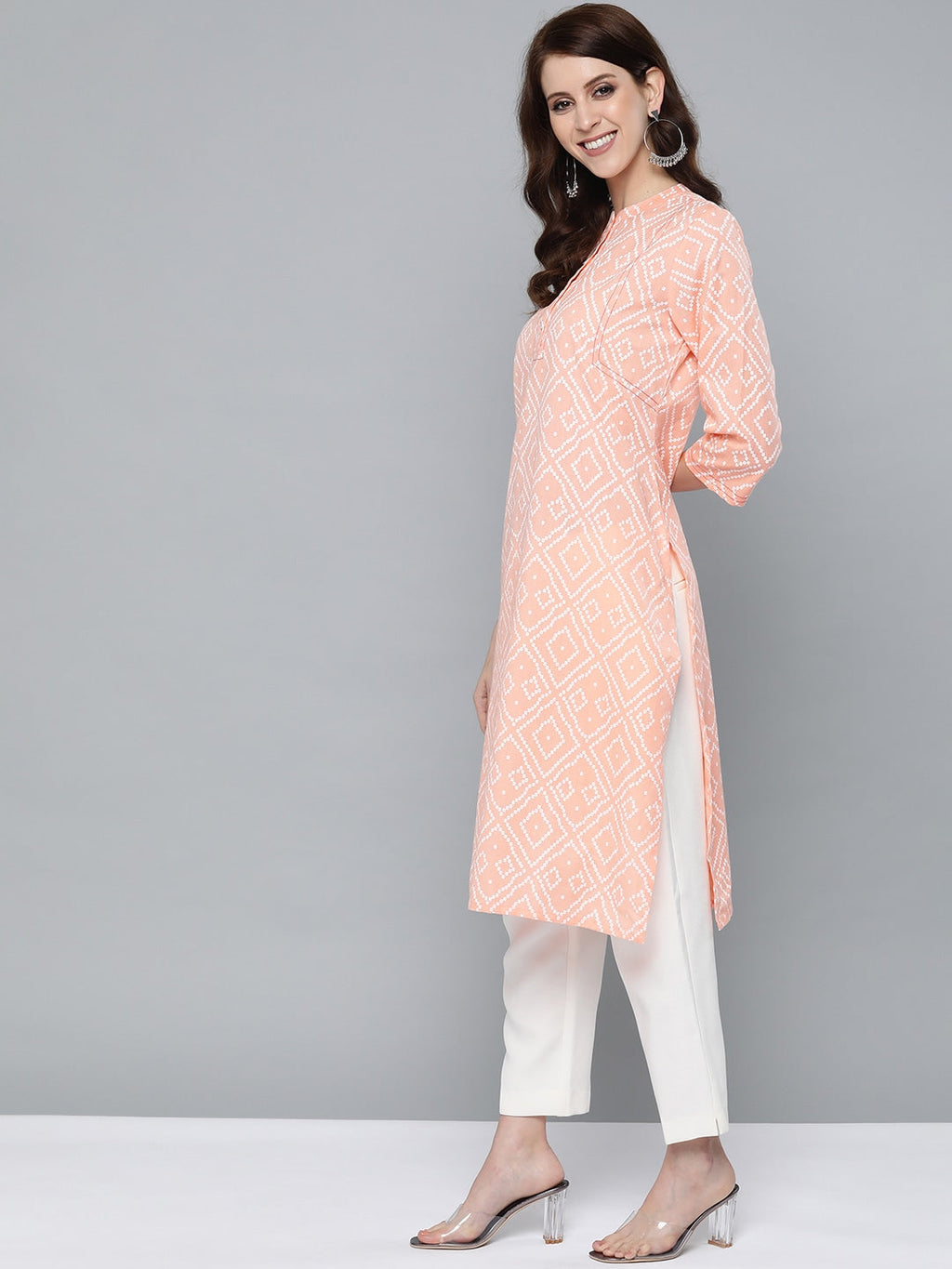 HERE&NOW Women Peach-Coloured & White Bandhani Print Straight Kurta | Grocsy