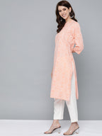 HERE&NOW Women Peach-Coloured & White Bandhani Print Straight Kurta | Grocsy