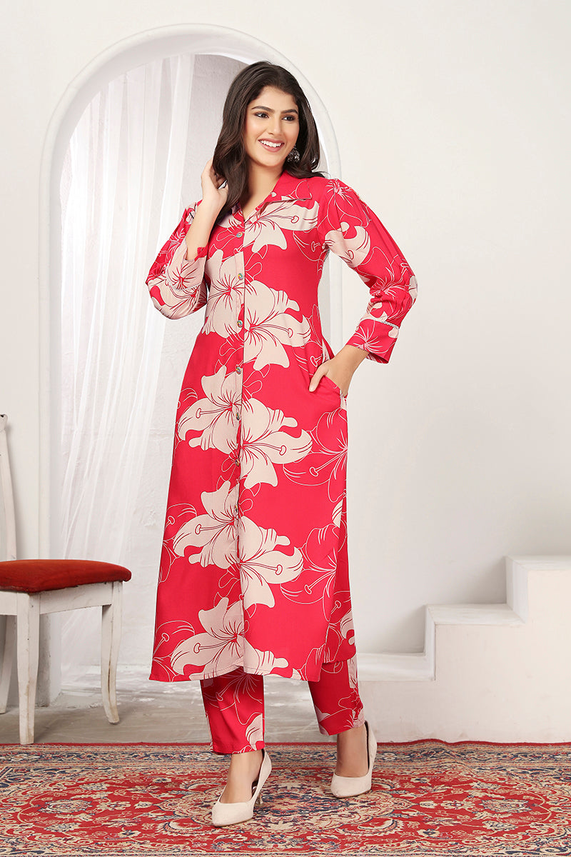 Monjolika Fashion Red Rayon Floral Printed Designer Kurti With Pant | Grocsy