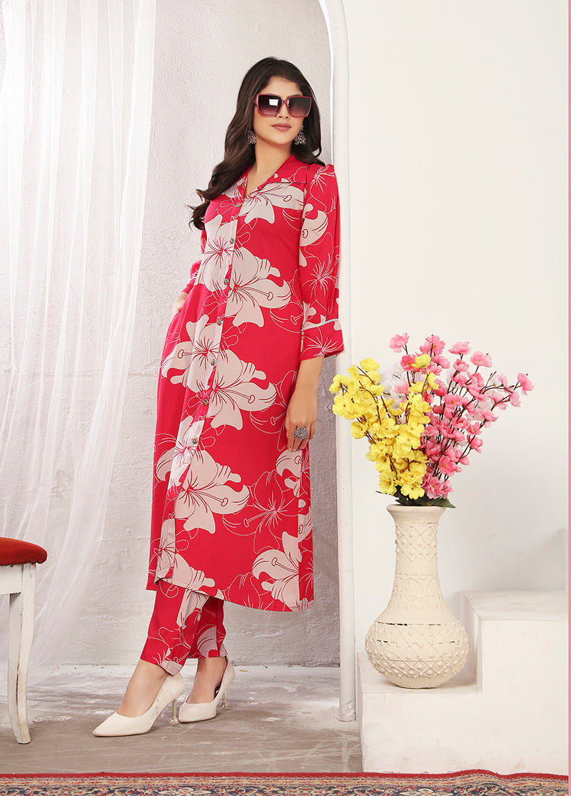 Monjolika Fashion Red Rayon Floral Printed Designer Kurti With Pant | Grocsy