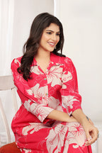 Monjolika Fashion Red Rayon Floral Printed Designer Kurti With Pant | Grocsy