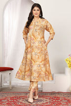 Monjolika Fashion Beige Chanderi Floral Printed Designer Kurti With Pant | Grocsy