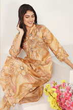 Monjolika Fashion Beige Chanderi Floral Printed Designer Kurti With Pant | Grocsy