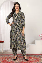 Monjolika Fashion Black Chanderi Floral Printed Designer Kurti With Pant | Grocsy