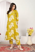 Monjolika Fashion Yellow Rayon Floral Printed Designer Kurti With Pant | Grocsy
