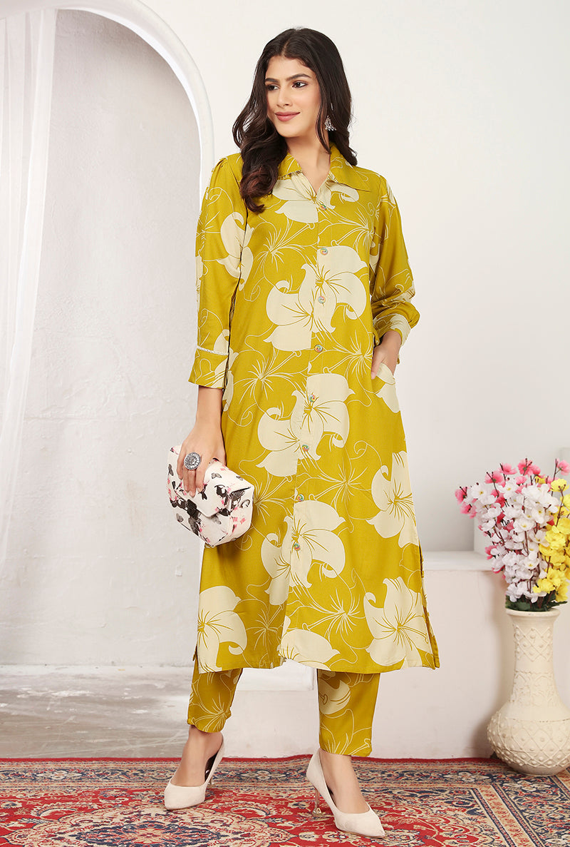 Monjolika Fashion Yellow Rayon Floral Printed Designer Kurti With Pant | Grocsy