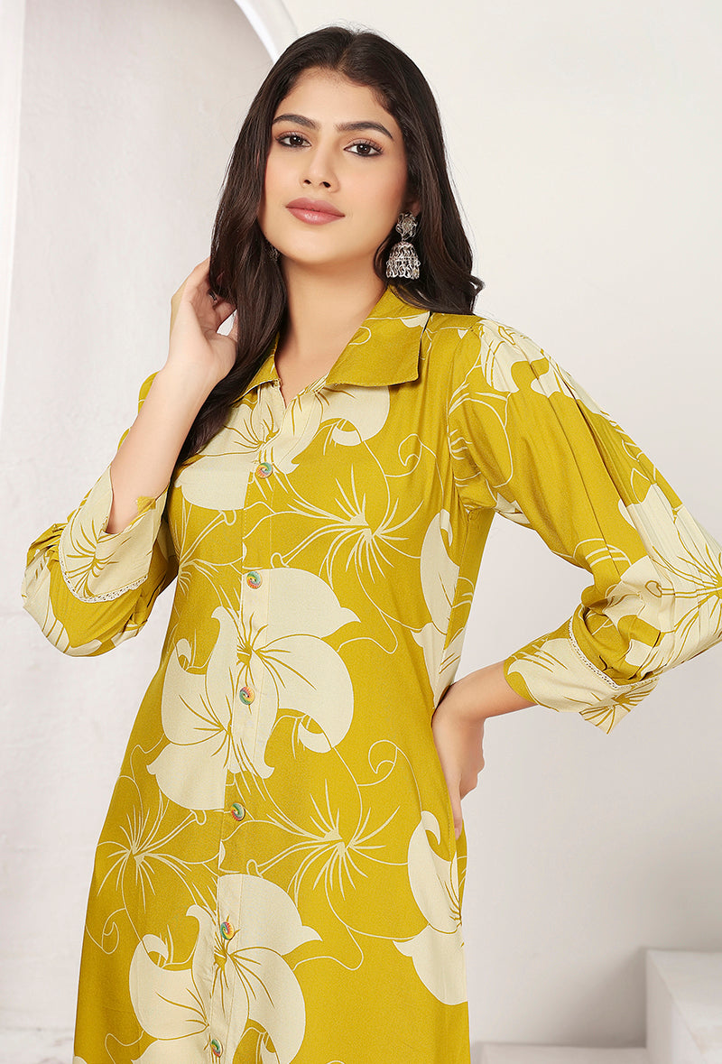 Monjolika Fashion Yellow Rayon Floral Printed Designer Kurti With Pant | Grocsy