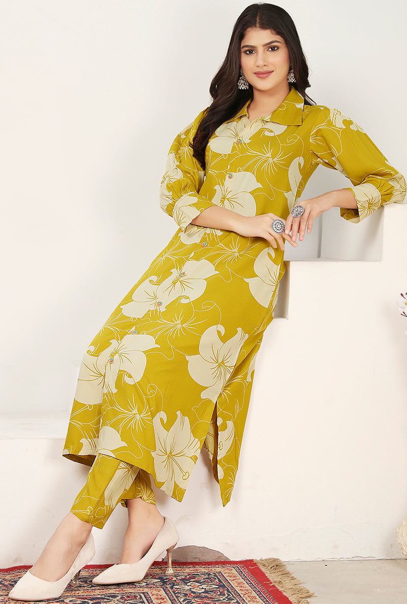 Monjolika Fashion Yellow Rayon Floral Printed Designer Kurti With Pant | Grocsy