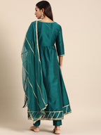 All About You Women Teal Green Solid V-Neck Anarkali Kurta with Trousers & Dupatta | Grocsy