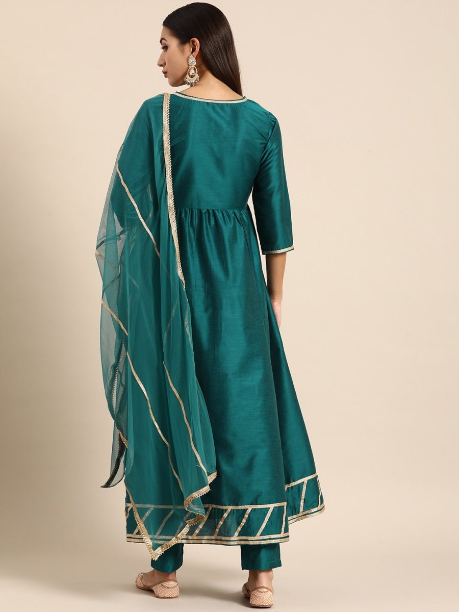 All About You Women Teal Green Solid V-Neck Anarkali Kurta with Trousers & Dupatta | Grocsy