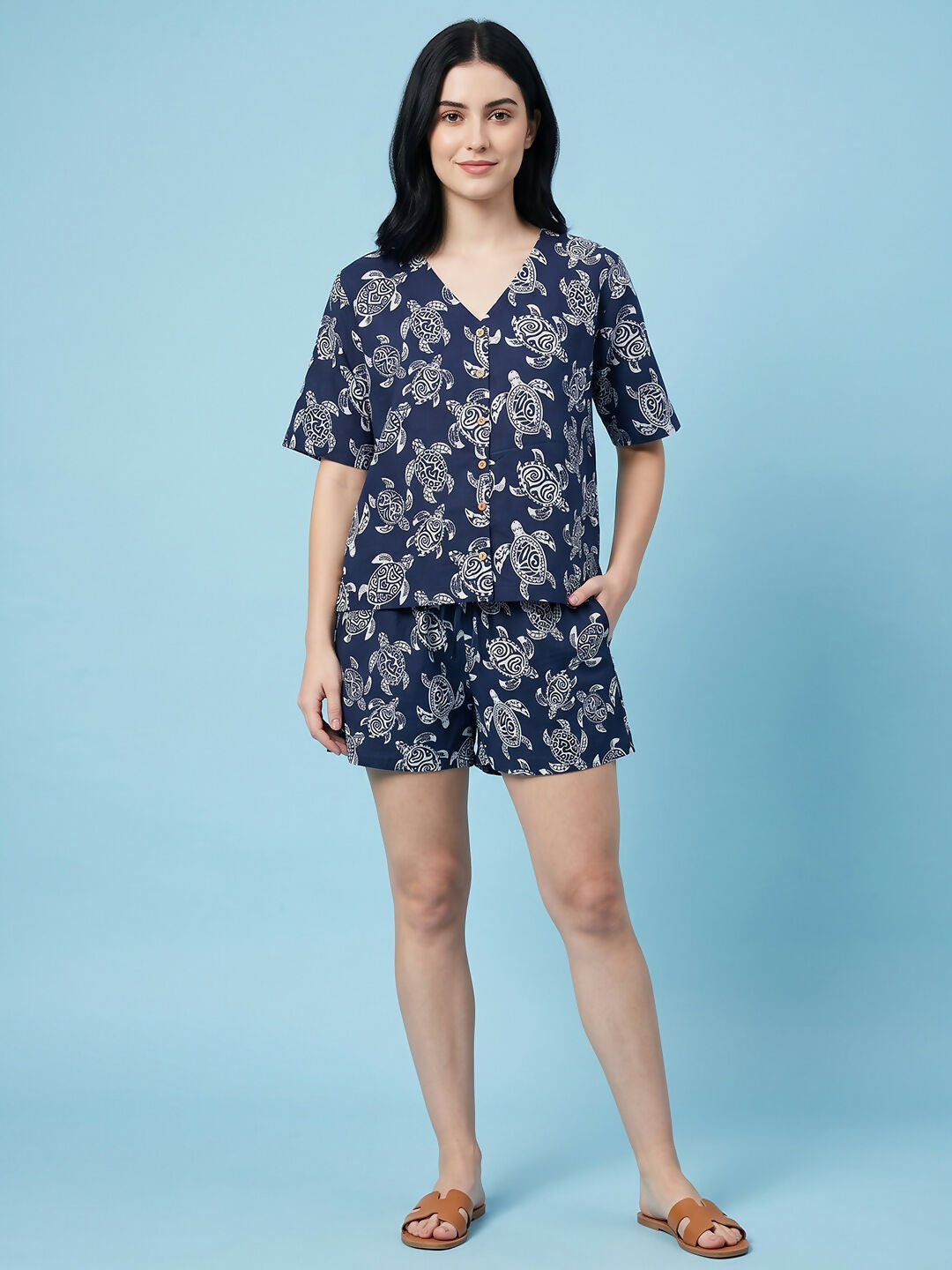 Breathables Woven Cotton Half Sleeves Turtle Shorts Set Blue | Grocsy