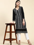 HOUSE OF KARI Ethnic Motifs Embroidered Chikankari Straight Kurta | Grocsy