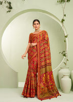 Monjolika Fashion Red Ceremonial Paisley Printed Georgette Designer Saree | Grocsy