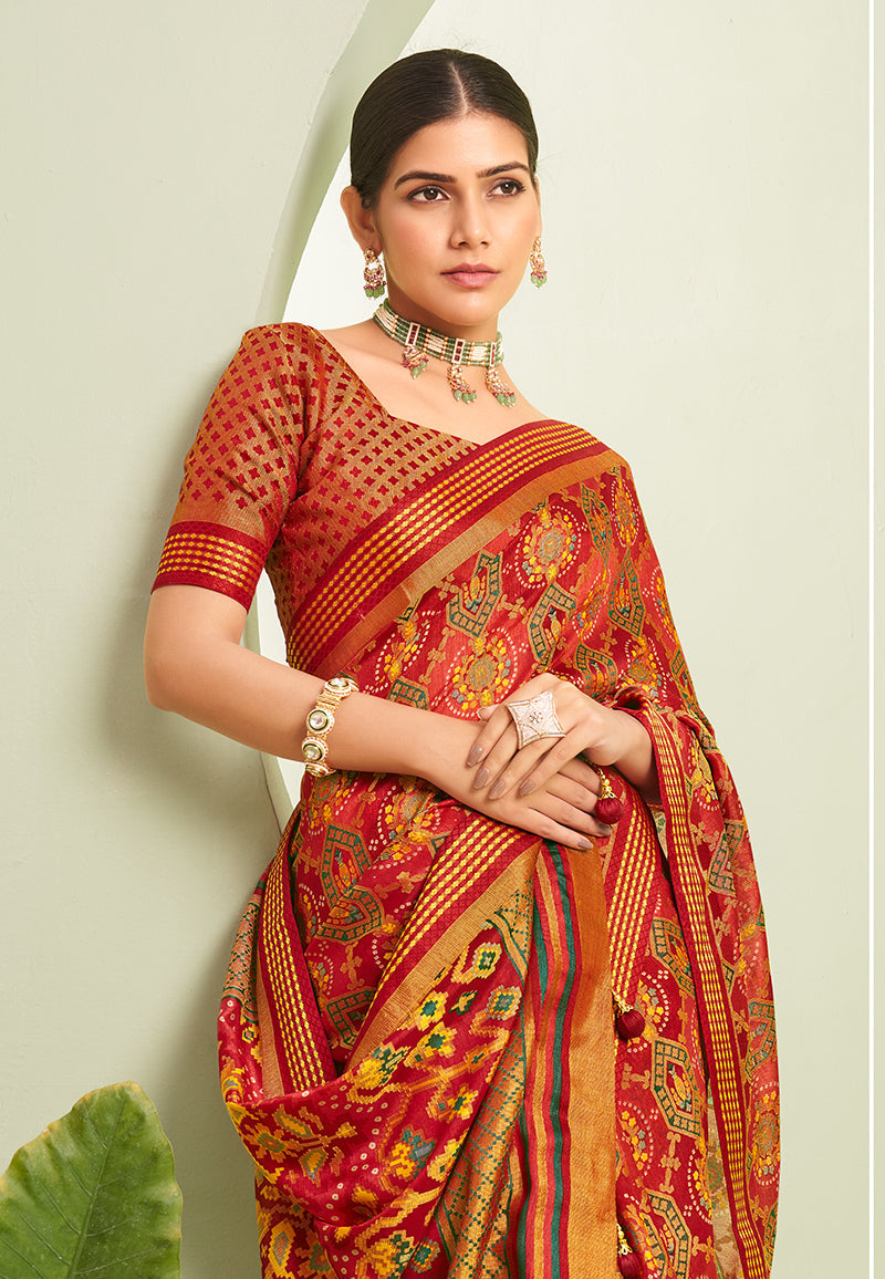 Monjolika Fashion Red Ceremonial Paisley Printed Georgette Designer Saree | Grocsy