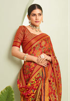 Monjolika Fashion Red Ceremonial Paisley Printed Georgette Designer Saree | Grocsy