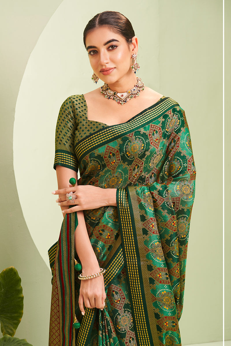 Monjolika Fashion Green Ceremonial Paisley Printed Georgette Designer Saree | Grocsy