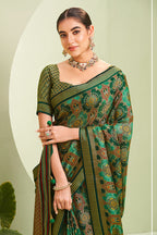 Monjolika Fashion Green Ceremonial Paisley Printed Georgette Designer Saree | Grocsy