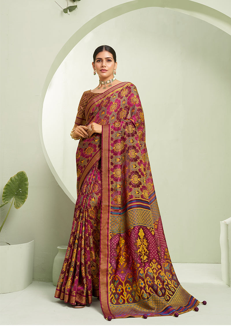Monjolika Fashion Purple Ceremonial Paisley Printed Georgette Designer Saree | Grocsy