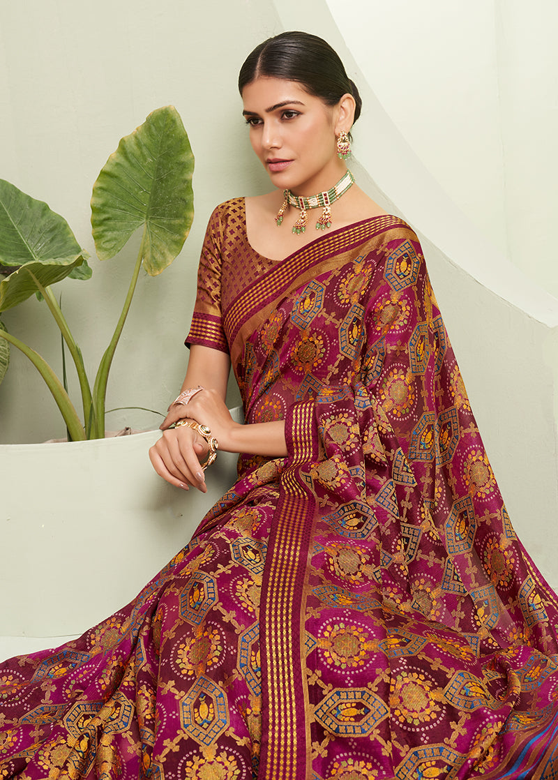 Monjolika Fashion Purple Ceremonial Paisley Printed Georgette Designer Saree | Grocsy