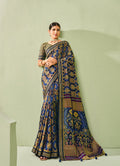 Monjolika Fashion Navy Blue Ceremonial Paisley Printed Georgette Designer Saree | Grocsy