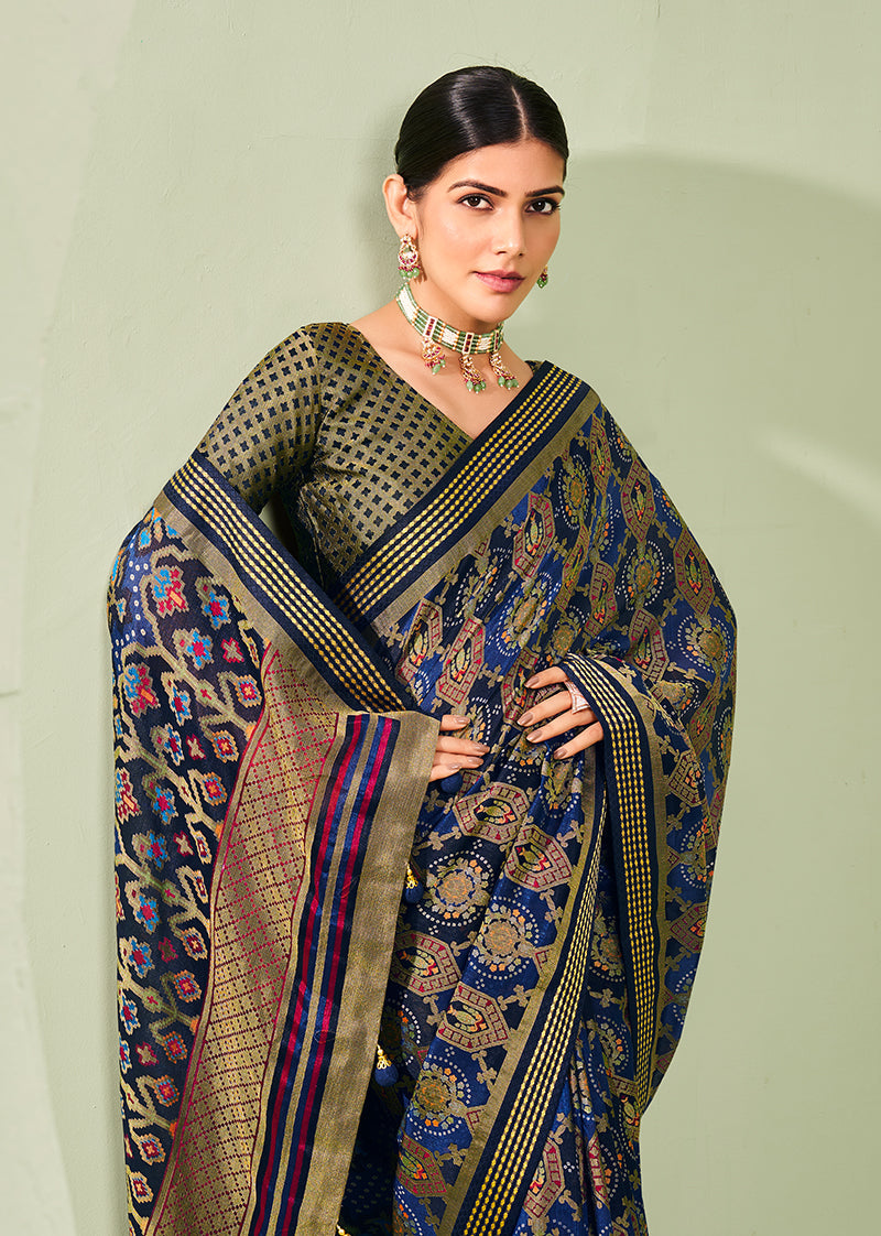 Monjolika Fashion Navy Blue Ceremonial Paisley Printed Georgette Designer Saree | Grocsy