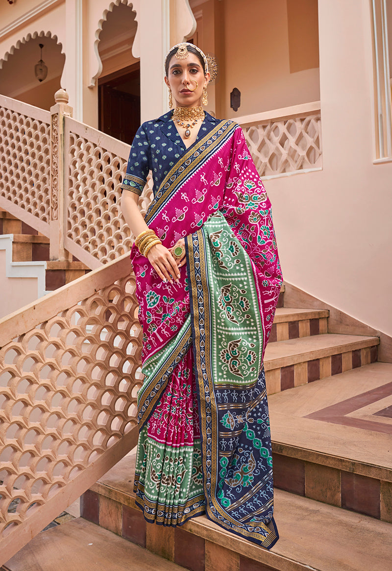 Monjolika Fashion Printed Silk Rani Pink Classic Saree | Grocsy