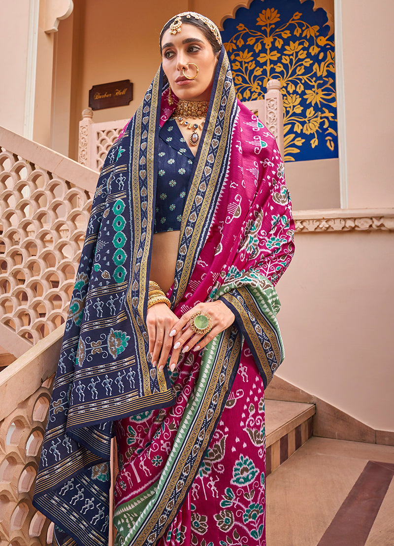 Monjolika Fashion Printed Silk Rani Pink Classic Saree | Grocsy