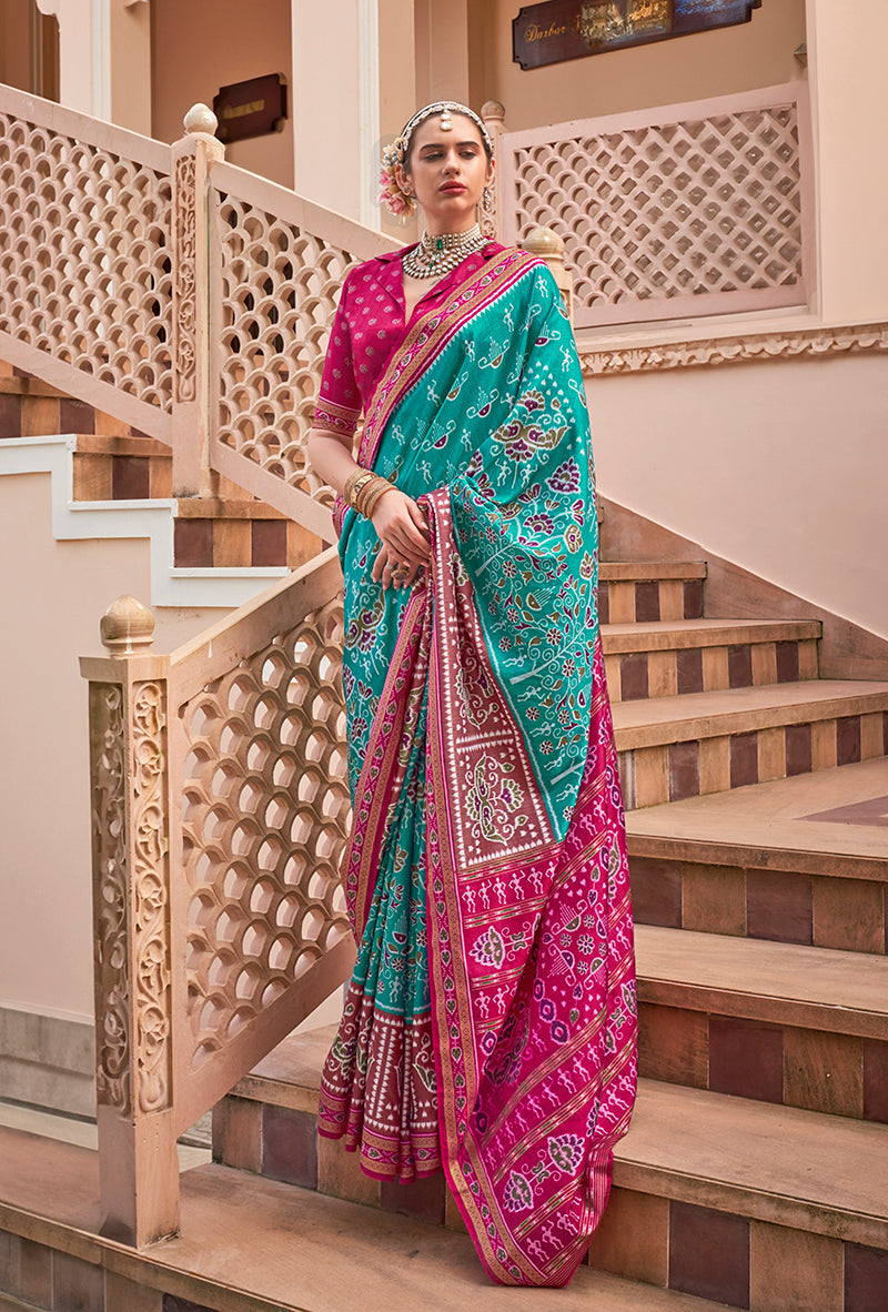 Monjolika Fashion Printed Silk Turquoise Classic Saree | Grocsy