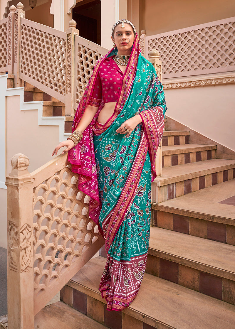 Monjolika Fashion Printed Silk Turquoise Classic Saree | Grocsy