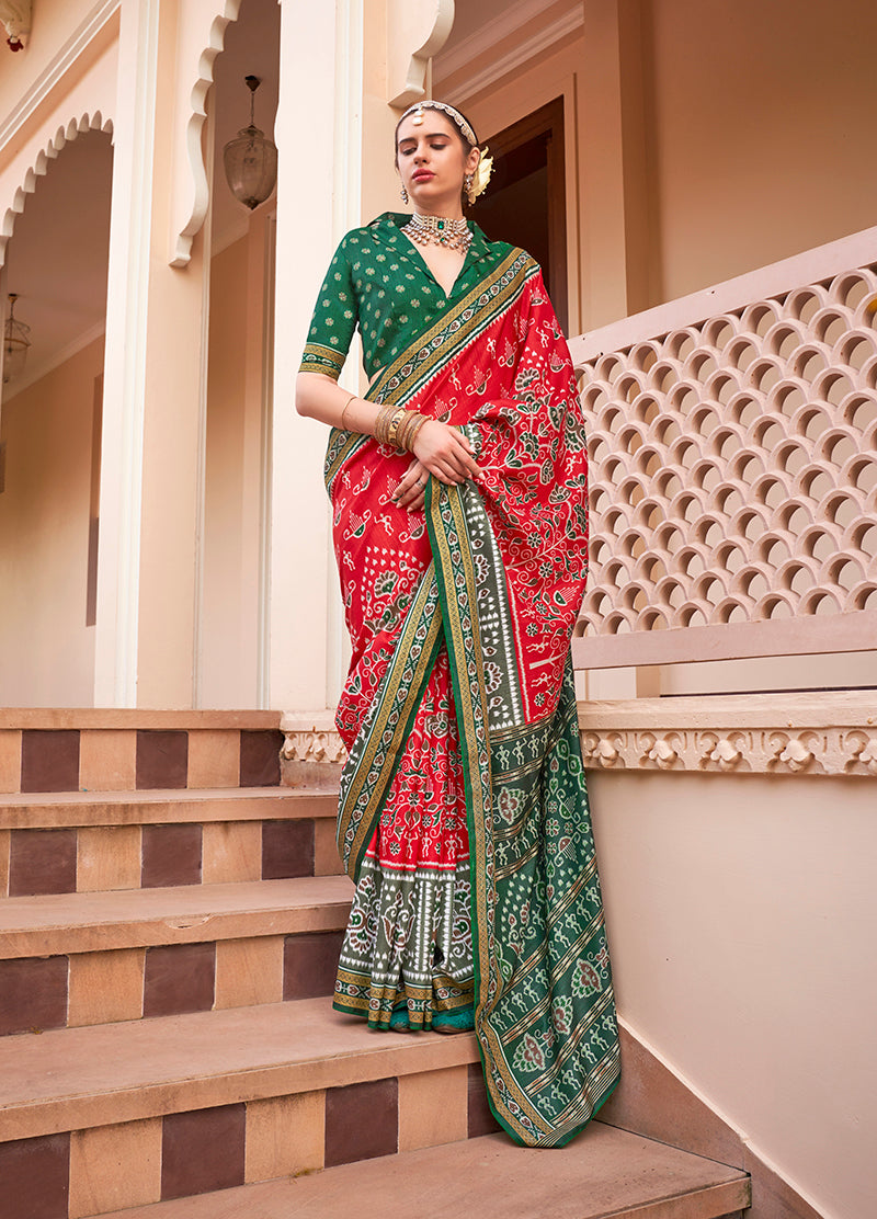 Monjolika Fashion Printed Silk Red Classic Saree | Grocsy