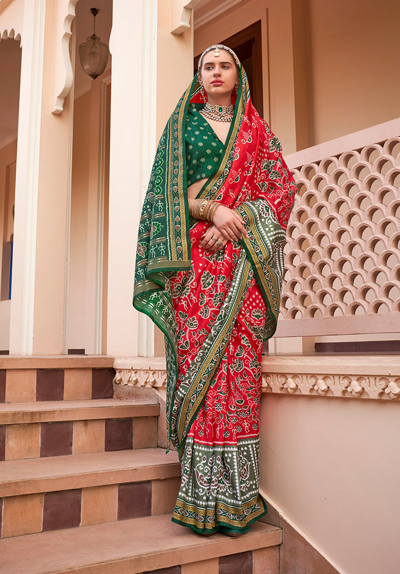 Monjolika Fashion Printed Silk Red Classic Saree | Grocsy