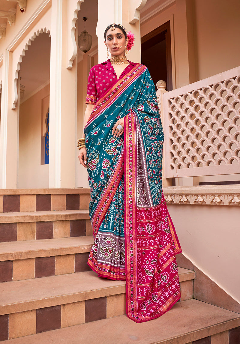 Monjolika Fashion Printed Silk Teal Blue Classic Saree | Grocsy
