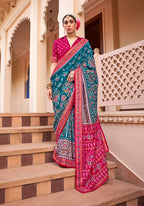 Monjolika Fashion Printed Silk Teal Blue Classic Saree | Grocsy