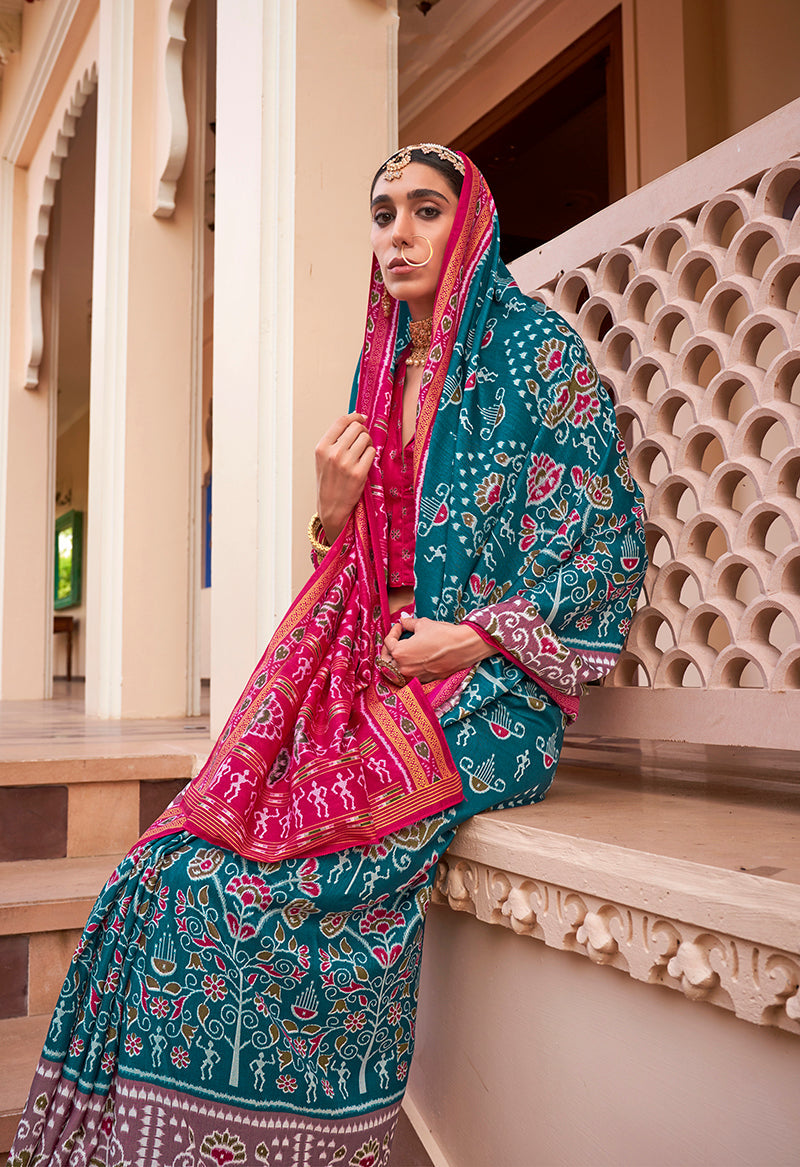 Monjolika Fashion Printed Silk Teal Blue Classic Saree | Grocsy