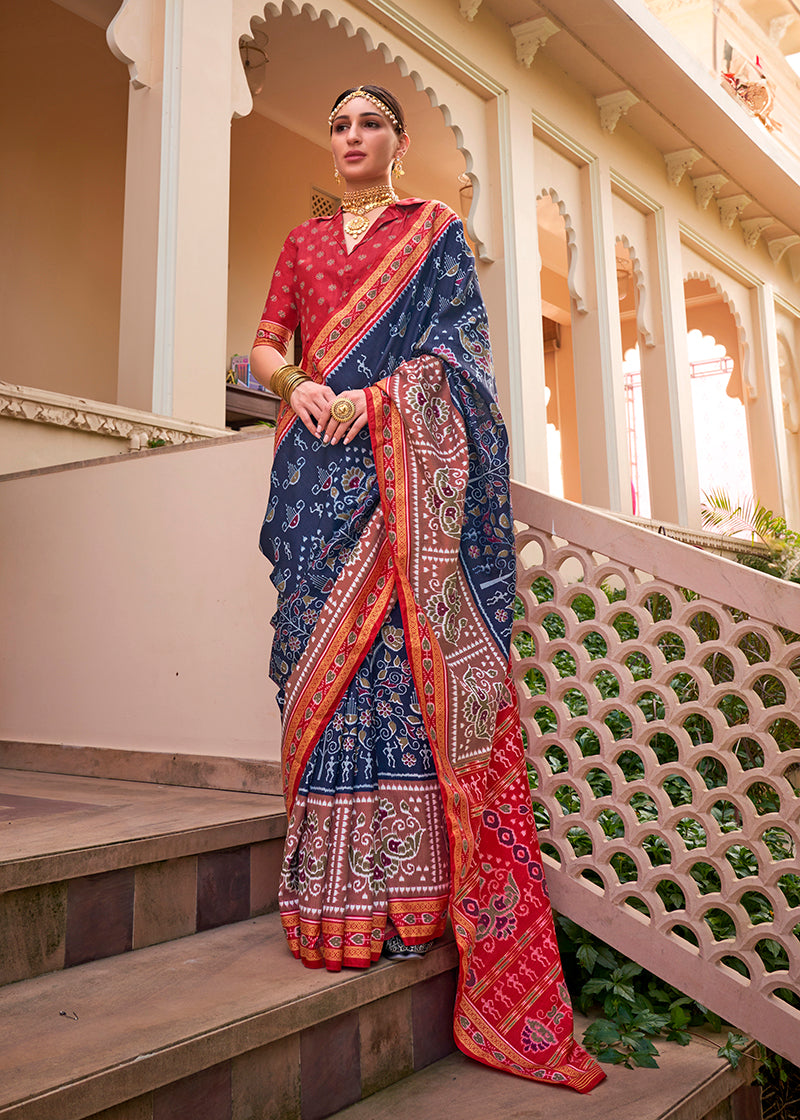 Monjolika Fashion Printed Silk Navy Blue Classic Saree | Grocsy