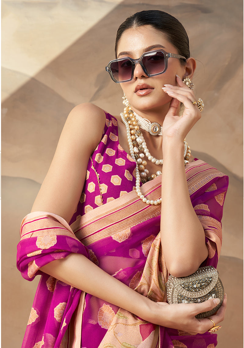 Monjolika Fashion Magenta and Rani Georgette Weaving Zari Printed Classic Saree | Grocsy