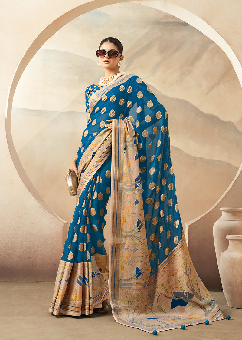 Monjolika Fashion Blue Georgette Weaving Zari Printed Classic Saree | Grocsy