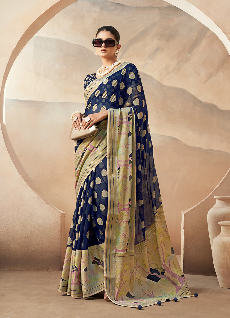 Monjolika Fashion Navy Blue Georgette Weaving Zari Printed Classic Saree | Grocsy