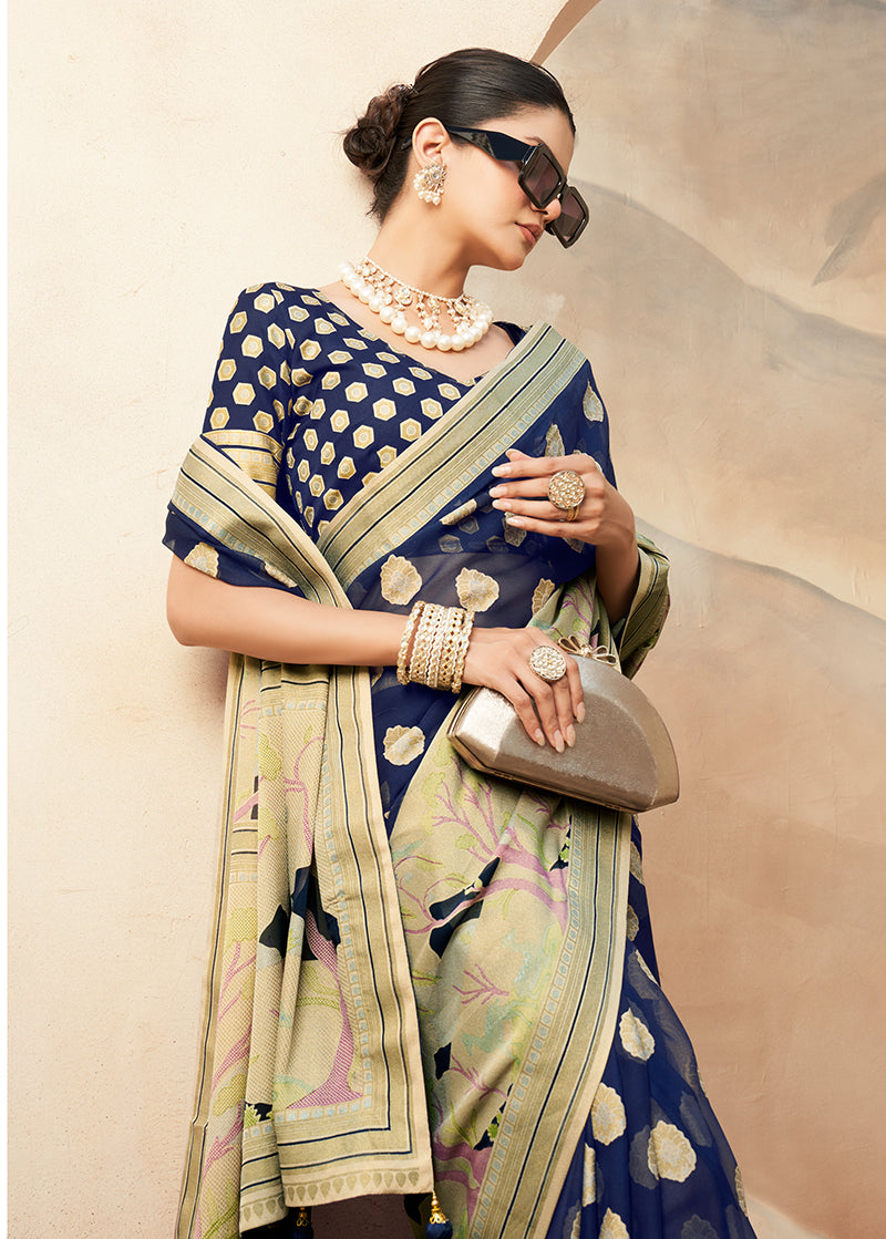 Monjolika Fashion Navy Blue Georgette Weaving Zari Printed Classic Saree | Grocsy