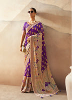 Monjolika Fashion Violet Georgette Weaving Zari Printed Classic Saree | Grocsy
