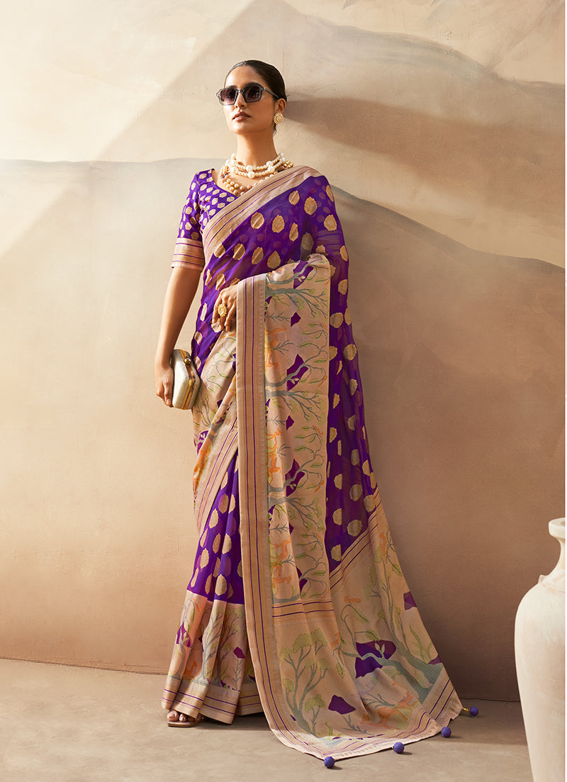 Monjolika Fashion Violet Georgette Weaving Zari Printed Classic Saree | Grocsy