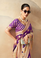 Monjolika Fashion Violet Georgette Weaving Zari Printed Classic Saree | Grocsy