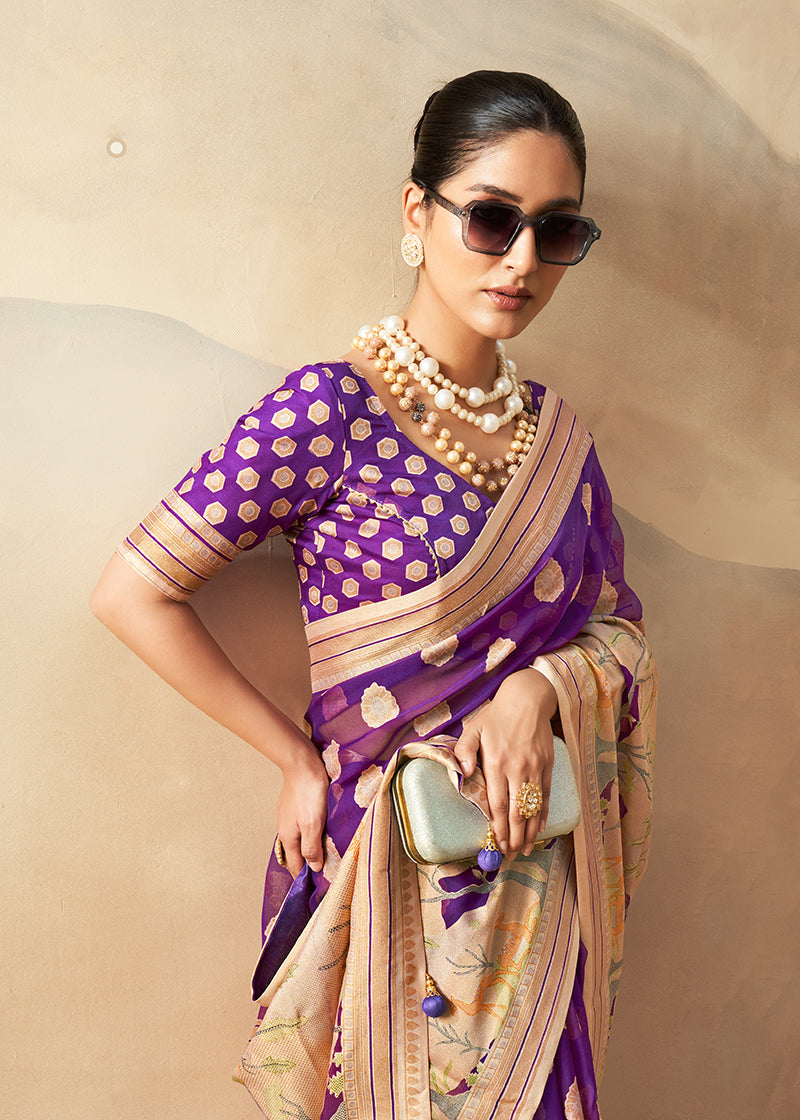 Monjolika Fashion Violet Georgette Weaving Zari Printed Classic Saree | Grocsy